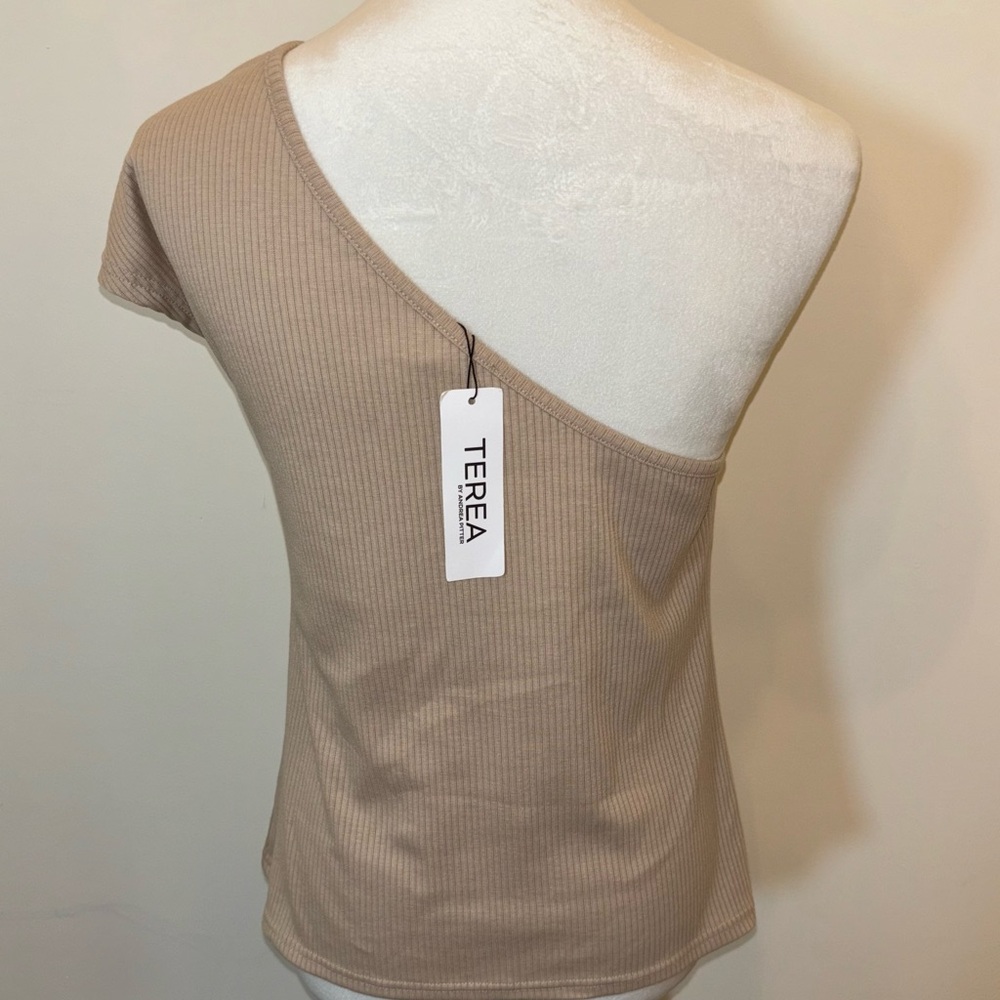 Terea Beige One Shoulder Ribbed Tie Front Top Size S - Picture 3 of 9